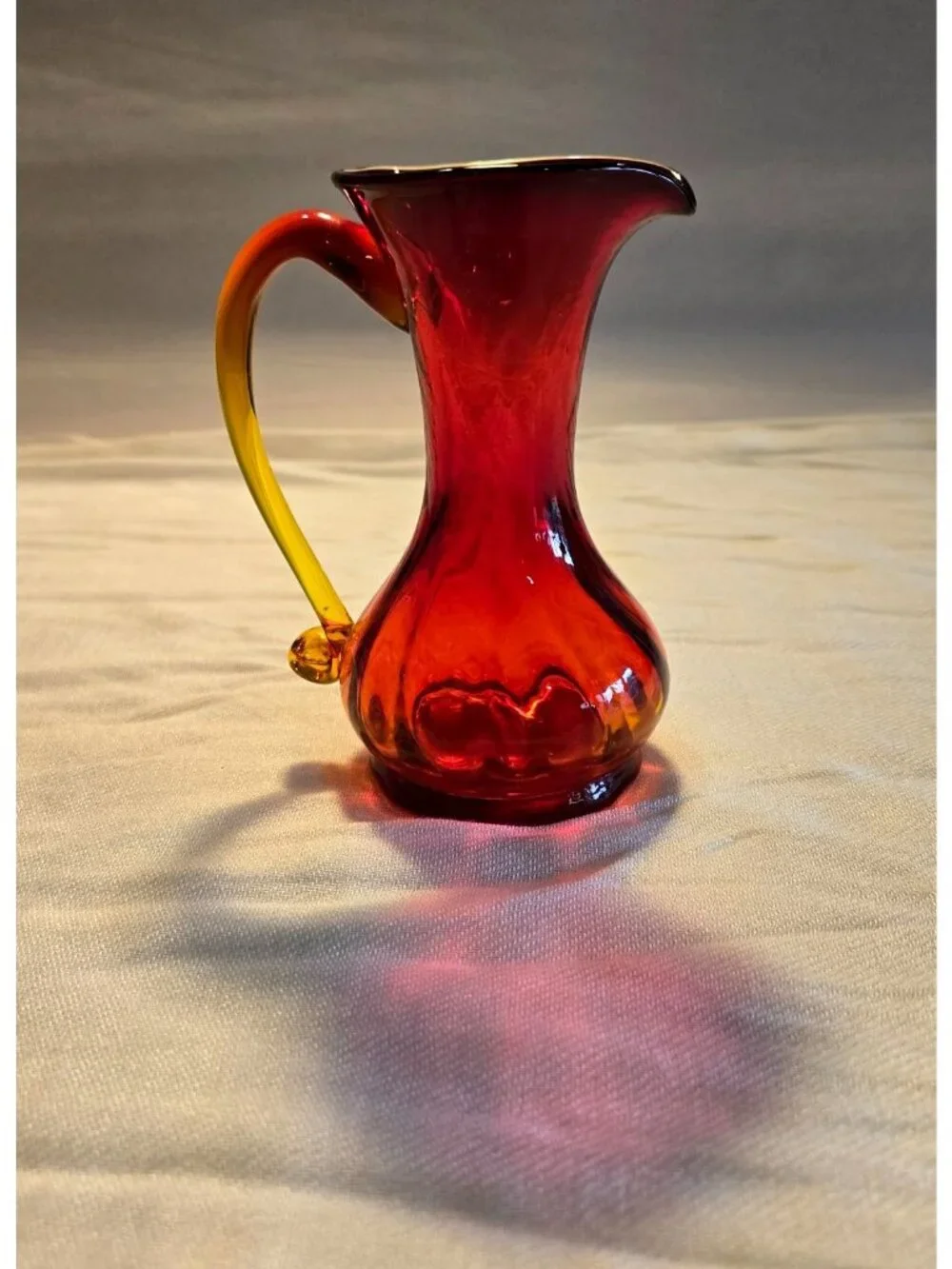 Kanawha Amberina 5” Glass Pitcher Bud Vase Red Yellow Tint Vtg Handcrafted